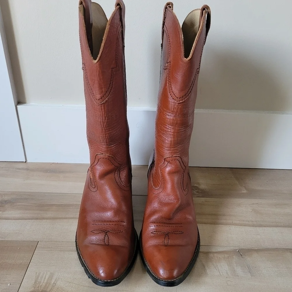 Vintage Men's Leather Levi's Cowboy Western Boots Cognac Brown Orange Tab Sz 10 - Picture 4 of 12